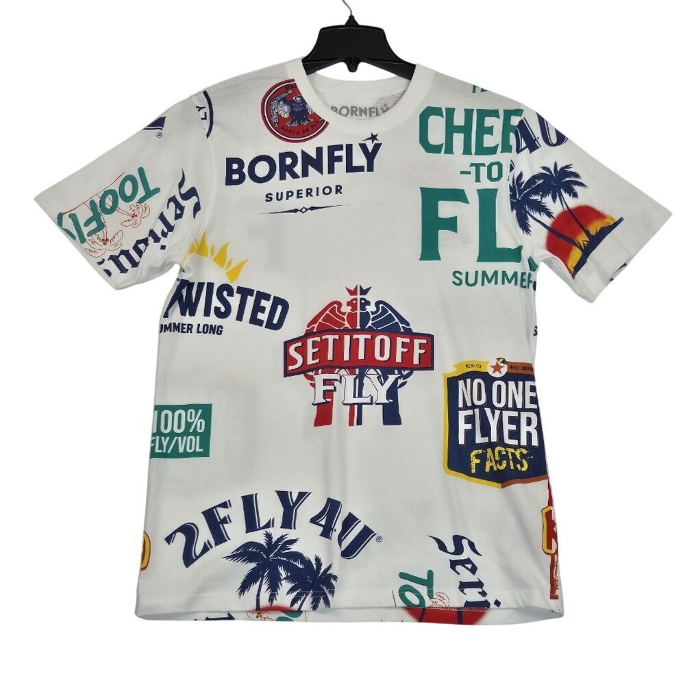 Born Fly Mens T Shirt Size 3X Short Sleeve Cotton White Drinks Theme  Printed 63